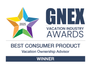 "GNEX 2025 Vacation Industry Awards badge – Best Consumer Product winner awarded to Vacation Ownership Advisor."