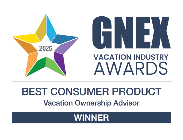 "GNEX 2025 Vacation Industry Awards badge – Best Consumer Product winner awarded to Vacation Ownership Advisor."