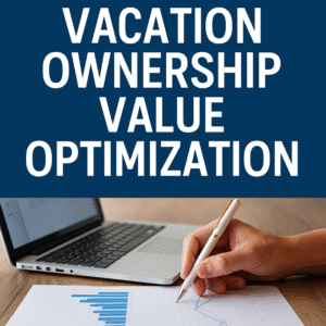 A digital image with bold white text reading "Vacation Ownership Value Optimization" above a close-up of a hand using a pen over a financial chart with a laptop in the background.
