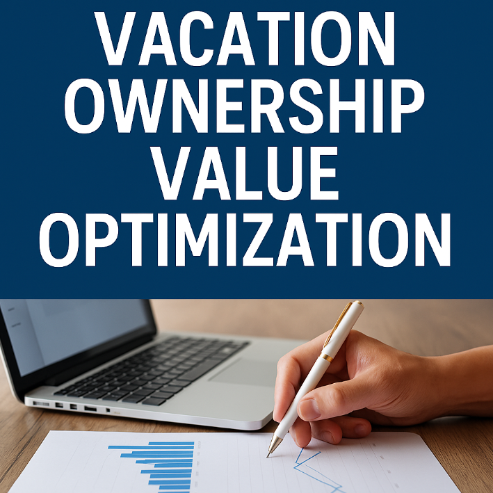 A digital image with bold white text reading "Vacation Ownership Value Optimization" above a close-up of a hand using a pen over a financial chart with a laptop in the background.