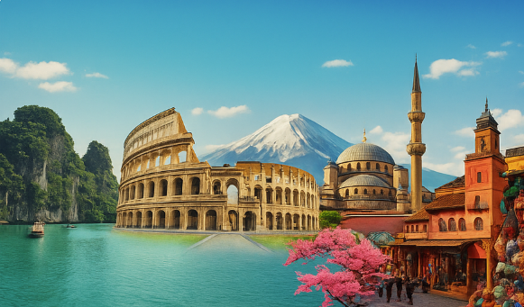 ollage of global landmarks: Halong Bay cliffs in Vietnam, the Colosseum in Rome, Mount Fuji in Japan, the Hagia Sophia in Turkey, and a Moroccan souk, symbolizing world travel opportunities.