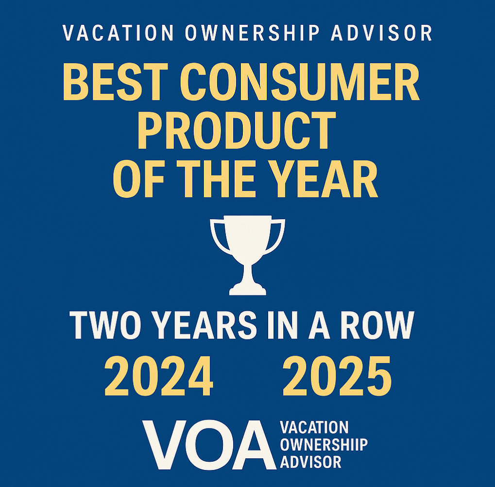 Graphic announcing VOA’s recognition as Best Consumer Product of the Year at the GeneX Conference, with bold text “VOA Wins Best Consumer Product of the Year – Back-to-Back 2024 & 2025,” featuring a gold trophy and subtle travel-themed background.