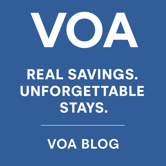 VOA logo with the tagline "Real Savings. Unforgettable Stays." designed as a promotional blog thumbnail with a clean blue background.