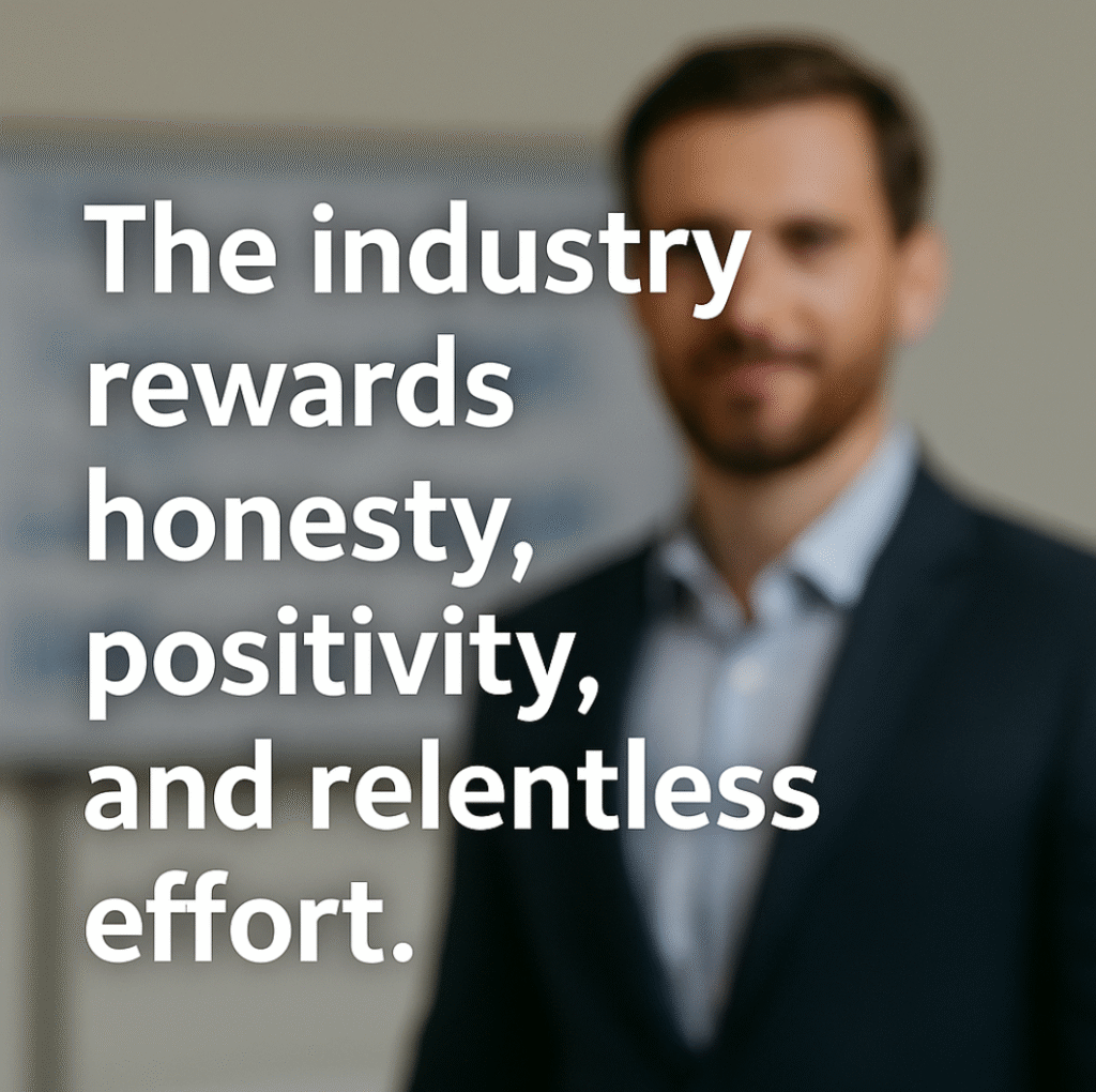 Motivational quote reading “The industry rewards honesty, positivity, and relentless effort” over a blurred office background with a professional in a suit.