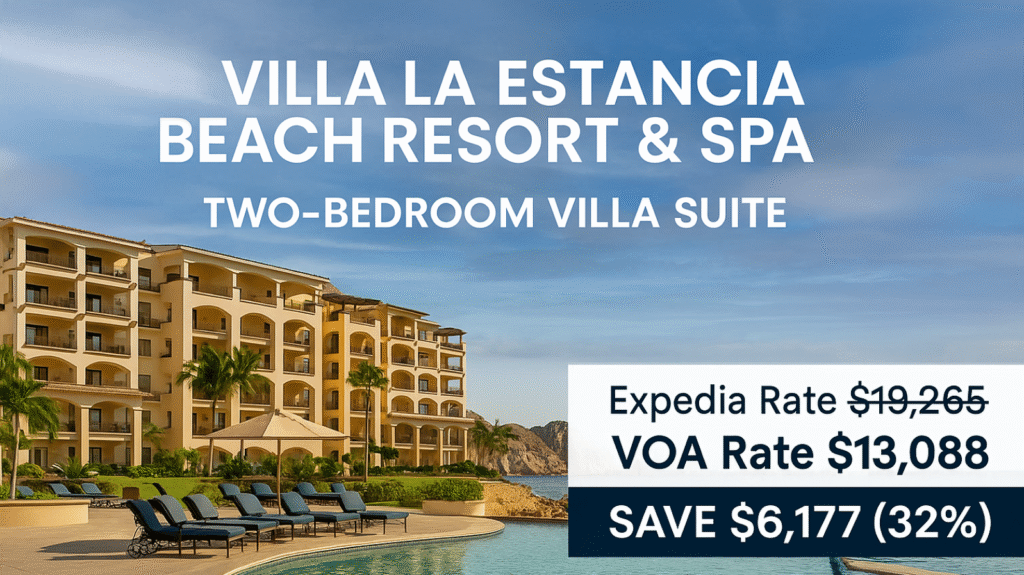 Luxury beachfront Villa La Estancia Beach Resort & Spa in Cabo San Lucas showing VOA member savings — Expedia rate $19,265 vs VOA rate $13,088, saving $6,177 (32%) on a Two-Bedroom Villa Suite.