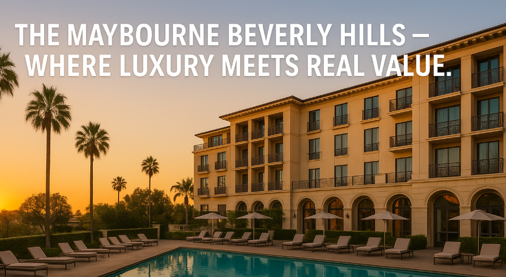 The Maybourne Beverly Hills hotel exterior at sunset with poolside palm trees, showcasing VOA’s behind-the-scenes value integration for partner brands.