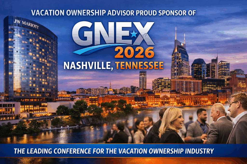 Horizontal banner featuring GNEX 2026 in Nashville, Tennessee, hosted at the JW Marriott, showcasing industry professionals networking with the Nashville skyline and highlighting Vacation Ownership Advisor as a proud sponsor.