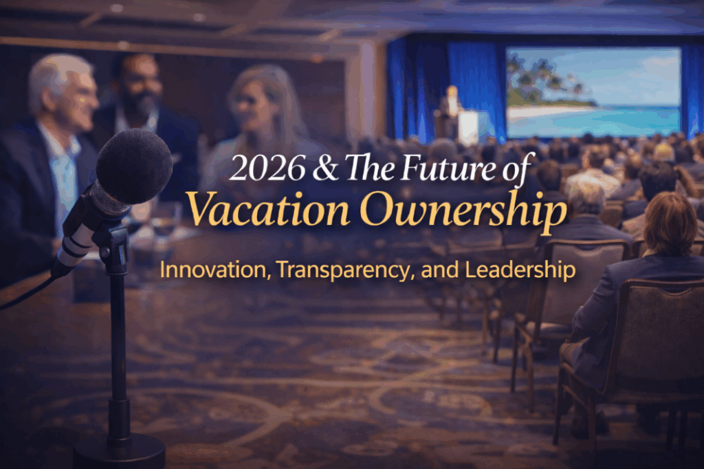Conference scene featuring industry professionals in discussion with a microphone in the foreground and a speaker presenting to an audience, representing leadership, innovation, and collaboration within the vacation ownership industry in 2026.