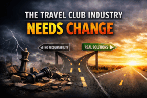 Dramatic image showing a forked road symbolizing the travel club industry’s need for change, with one path labeled “No Accountability” in stormy conditions and the other labeled “Real Solutions” leading toward a bright horizon, under the headline “The Travel Club Industry Needs Change.”