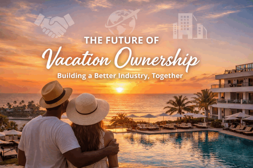 Interracial couple standing together at a luxury oceanfront resort, watching the sunset over an infinity pool and beach, symbolizing the future of vacation ownership and shared travel experiences.