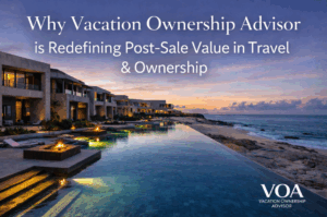 Modern oceanfront luxury resort at sunset with infinity pool and fire features, representing post-sale value and portfolio management in vacation ownership.