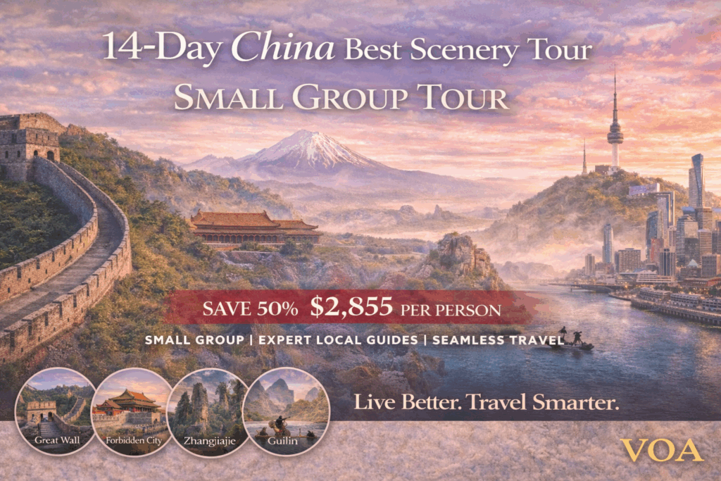 Horizontal promotional image for a 14-day small-group China tour featuring the Great Wall, Forbidden City, Zhangjiajie mountains, Guilin river scenery, and the Shanghai skyline, highlighting 50% member savings and VOA’s “Live Better. Travel Smarter.” branding.