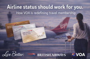 Traveler standing in an airport terminal with a suitcase, overlooking a Virgin Atlantic aircraft, alongside loyalty cards showing British Airways Bronze and Silver matching to Virgin Atlantic Silver and Gold, with the headline “Airline status should work for you.”