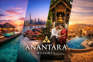 Composite image showcasing luxury Anantara Resorts destinations including Maldives overwater villas, Dubai skyline beachfront resort, Chiang Mai cultural setting, and Abu Dhabi desert palace pool.