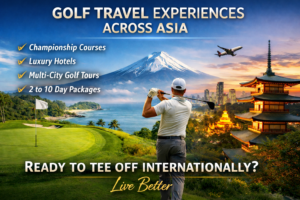 Golfer teeing off on a championship golf course overlooking the ocean with Mount Fuji and an Asian pagoda skyline in the background, representing luxury golf travel experiences across Asia with VOA.